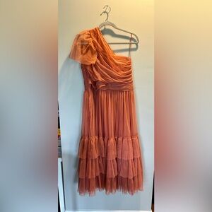 One-Shoulder Tiered Tulle Midi Dress in Rust Orange